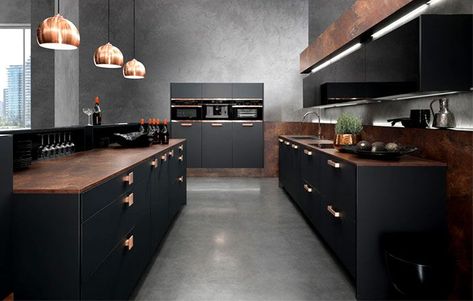 Cuisine contemporaine - Cuivre & Noir Mat Black And Copper Kitchen, Black Kitchen Design, Серая Кухня, Kitchen Ikea, Dark Grey Kitchen, Painted Kitchen Cabinets Colors, Industrial Style Kitchen, Best Kitchen Cabinets, Black Kitchen Cabinets