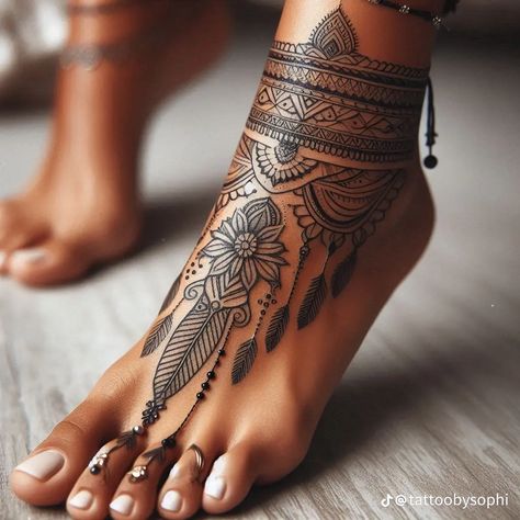 Aztec Bracelet Tattoo, Side Of Torso Tattoos Women, Hobo Tattoo Ideas, Indian Leg Sleeve, Bird Foot Tattoo, Inside Leg Tattoo, Wrap Around Ankle Tattoos For Women, Tattoo Leg Woman, Henna Foot Tattoo