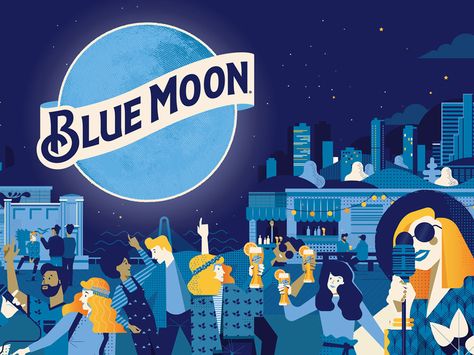 Blue City Illustration, Beer Illustration, Blue Moon Beer, Moon Poster, Blue City, City Illustration, Urban City, Moon Design, Blue Moon