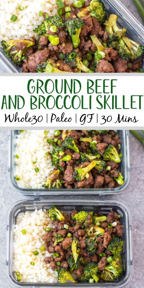 This Whole30 ground beef and broccoli skillet is perfect for a quick weeknight meal or meal prep recipe. It comes together in under 30 minutes, has a simple ingredient list which makes it budget friendly, and reheats well! It's also paleo, low carb, and gluten-free, so everyone can enjoy it. Made in only one pan, so you won't have to spend time on clean up either! #groundbeefrecipes #onepan #skilletrecipes #whole30beef #lowcarb #glutenfreerecipes Meals To Make With Ground Beef, Whole30 Ground Beef, Ground Beef Meal Prep, Beef Meal Prep, Ground Beef Paleo Recipes, Beef With Broccoli Recipe, Broccoli Skillet, Gluten Free Meal Prep, Ground Beef And Broccoli