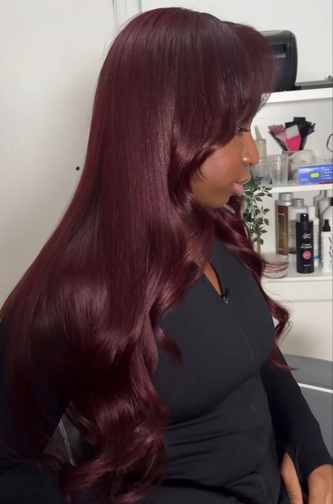 Redish Burgundy Hair Color, Dark Cherry Hair Black Women, Burgendy Wigs For Black Women, Deep Winter Black Women, Hair Dye Ideas Dark Skin, Wine Red Hair Color For Black Women, Plum Hair Color On Black Women, Cherry Red Hair Black Women, Dark Burgundy Hair Black Women