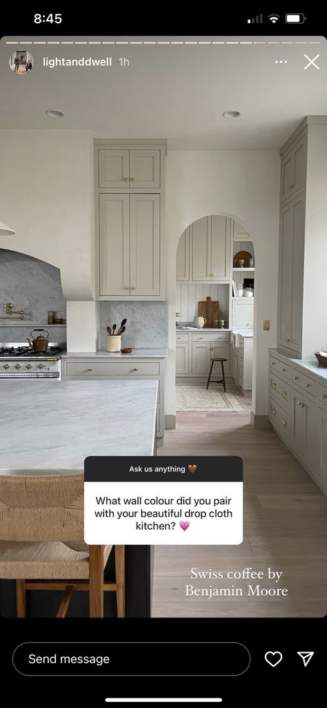 Kitchen Cabinet And Wall Color Combos, Revere Pewter Island Kitchen, Revere Pewter Kitchen Cabinets, Revere Pewter Cabinets, Revere Pewter Kitchen, Swiss Coffee, Interior Design Plan, Revere Pewter, Dining Design