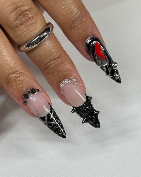 It’s a knife 🔪 🩸 our version of Halloween nails ! . . . #gelx #nailtech #fypシ #viral #halloween #nailart #nails #gothnails #nycnailtech #explorepage #nailsofinstagram Halloween gothic goth nails 2024 black knife chain metal chrome gel Edward Scissorhands Nails, Black Knife, Goth Nails, Halloween Gothic, Edward Scissorhands, Nails 2024, Nail Tech, Halloween Nails, Nail Art