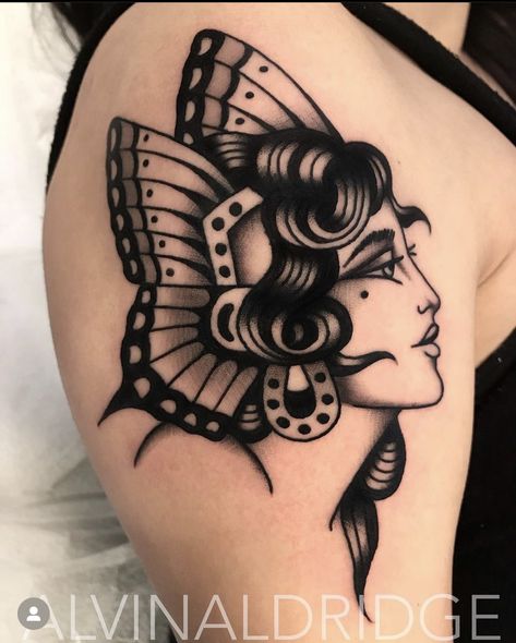 Traditional Tattoo Cover Up, Traditional Tattoo Woman Face, Flapper Tattoo, Traditional Tattoo Woman, Traditional Butterfly Tattoo, Backpiece Tattoo, Traditional Tattoo Inspiration, Club Tattoo, Pin Up Tattoos