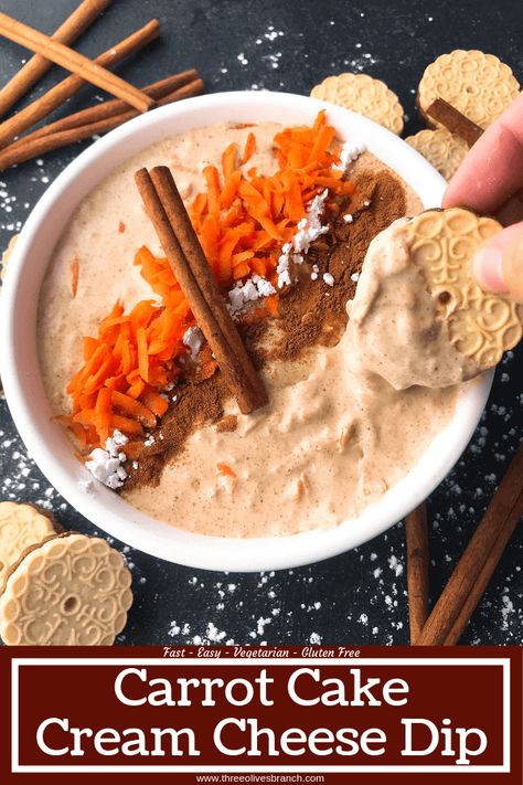 Carrot Cake Cream Cheese Dip - Three Olives Branch Carrot Cake Dip, Carrot Cake Cream Cheese, Easter Carrot Cake, Cream Cheese Recipes Dip, Cheese Dip Recipe, Cake Dip, Gluten Free Carrot Cake, Cream Cheese Dip, Easy Carrot Cake