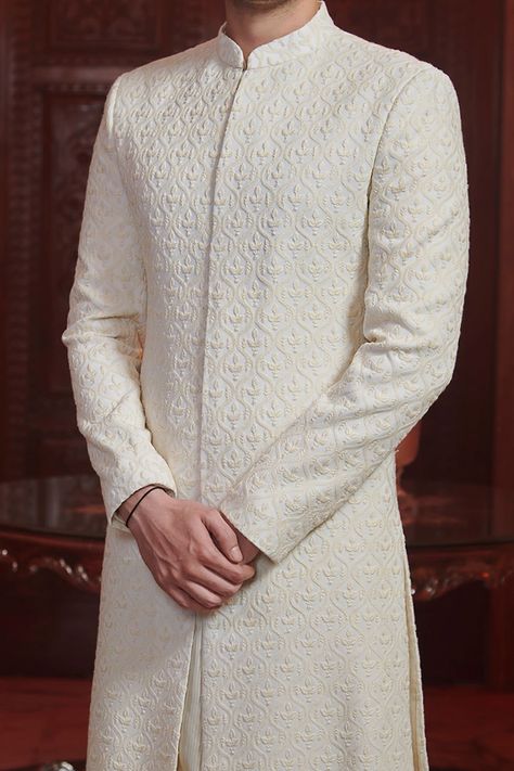 Buy White Georgette And Raw Silk Embroidery Chikankari Sherwani & Pant Set For Men by Sawan Gandhi Online at Aza Fashions. Sawan Gandhi, Raw Silk Embroidery, Cutdana Embroidery, Wedding Kurta For Men, Blouse Yoke, Sherwani Groom, Mens Sherwani, Sherwani For Men, Kurta Men