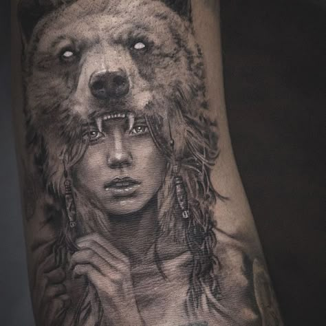 Woman With Bear Headdress Tattoo, Bear And Woman Tattoo, Bear Woman Tattoo, Bear Headdress Tattoo, Viking Bear Tattoo, Bear Head Tattoo, Bear Tattoos For Men, Tattoo Indien, Wolf Girl Tattoos