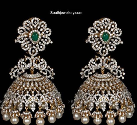 Peacock diamond and emerald buttalu photo Diamond Buttalu, Diamond Jhumkas, Marriage Jewellery, Diamond Jewlery, Gold Jewelry Prom, Gold Earrings Indian, Gold Peacock, Real Diamond Necklace, Diamond Chandelier Earrings