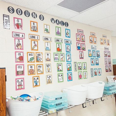 2nd Grade Wall Displays, First Grade Classroom Walls, Sound Wall Preschool, Second Grade Word Wall, Math Word Wall First Grade, Hmh Into Reading 1st Grade Focus Wall, Digital Word Wall, First Grade Hallway Display, Sound Wall For Kindergarten