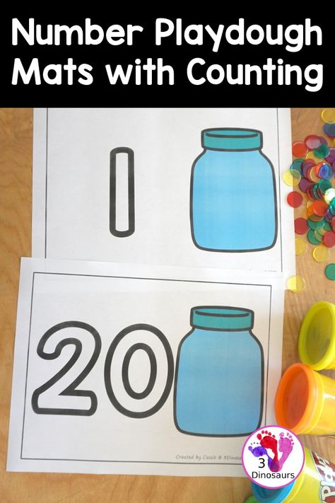 Free Number Playdough Mats with Counting Printable: Numbers 1 to 20. You have a playdough number and a jar for counting up to that number - 3Dinosaurs.com Math For Toddlers, Playdough Counting Mats Free Printable, Numbers Playdough Mats Free, Playdough Printables, Addition Playdough Mats, Playdough Numbers, Playdough Number Mats, Number Identification Activities 11-20, Free Math Printables