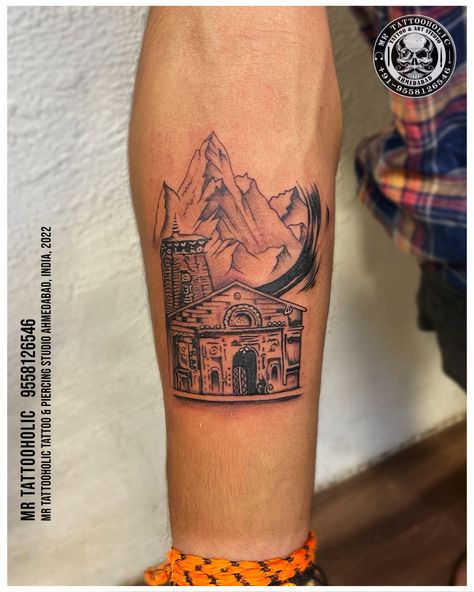 Kedarnath Temple Tattoo Design, Kedarnath Tattoo Design, Kedarnath Tattoo, Any Tattoo, Temple Tattoo, Brother Tattoos, Tattoos To Cover Scars, Shiva Parvati, Shiva Tattoo