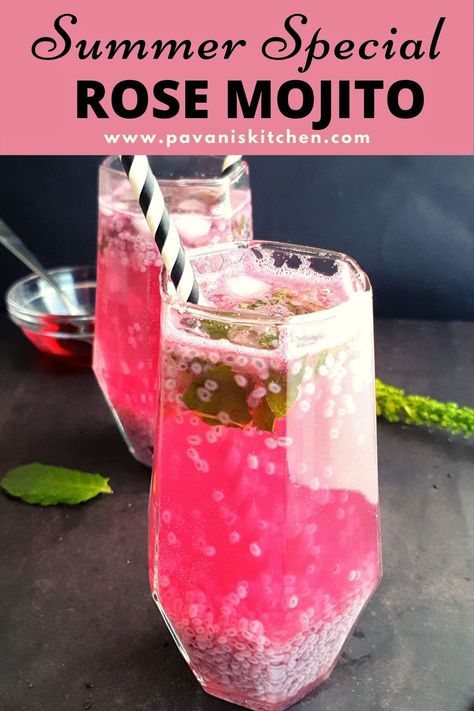 Rose Drink Recipes, Mojito Recipe Non Alcoholic, Summer Mojito Recipe, Rose Drinks, Rose Drink, Mojito Drink, Rose Syrup, Watermelon Mojito, Summer Drinks Alcohol