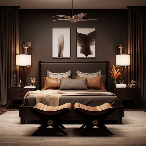 From Drab to Fab Guide to Decorating a Brown Bedroom • 333+ Images • [ArtFacade] Brown Walls In Bedroom, Dark Brown Master Bedrooms Decor, Dark Brown Interior Design Living Room, Brown Tiles Bedroom, Brown Headboard Bedroom Ideas, Brown Black And Cream Bedroom, Dark Tan Bedroom, Dark Brown Walls Bedroom, Dark Furniture Bedroom Aesthetic