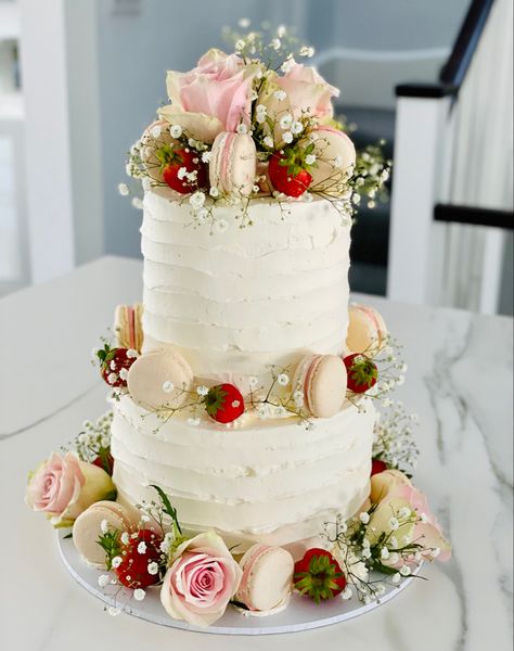 Vanilla Strawberry Wedding Cake, Strawberry Two Tier Cake, Wedding Cake With Strawberries, Wedding Cake With Macarons, Strawberry Wedding Cake, Roses And Strawberries, Cake With Macarons, Berry Wedding Cake, Blush Pink Wedding Cake