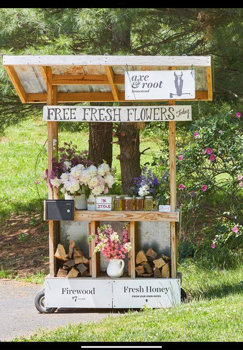 Roadside Stand On Wheels, Farm Stand Products, Simple Farm Stand, Roadside Flower Stand Ideas, Roadside Stand Ideas, Flower Stand Ideas Farmers' Market, Farm Stands Roadside, Self Serve Farm Stand, Roadside Farm Stand Ideas