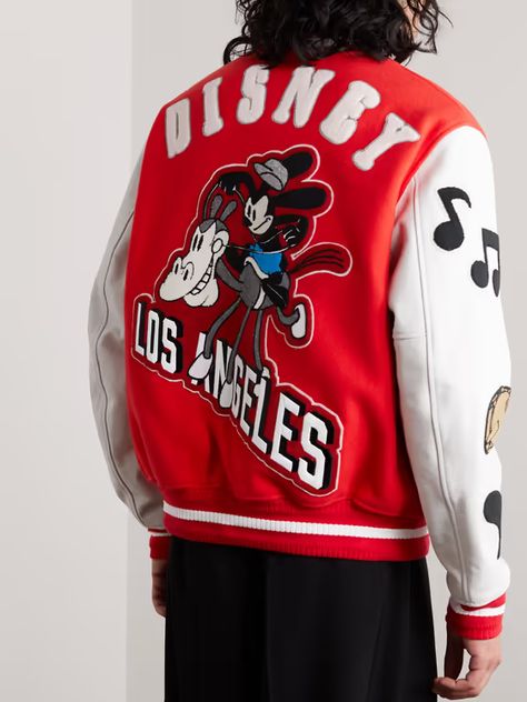 Red + Disney Oswald Patchwork Leather and Wool-Blend Varsity Jacket | GIVENCHY | MR PORTER Red Disney, Disney Jacket, World Of Disney, Nba Fashion, Oswald The Lucky Rabbit, Lucky Rabbit, Leather Sleeves, Men's Leather Jacket, Jacket For Men