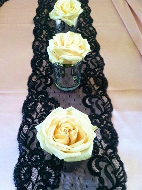 Cheap Table Decorations, Wedding Nightmare, Goth Birthday, Lace Table Runner Wedding, Desk Ornament, Flapper Party, Black White Parties, Lace Table Runner, Tafel Decor