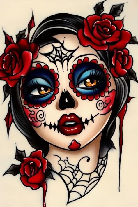 Female Sugar Skull Tattoo, Candy Skull Tattoo For Women, Sugar Tattoo, Girly Skull Tattoos, Sugar Skull Art Drawing, Candy Skull Tattoo, Sugar Skull Drawing, Candy Tattoo, Catrina Tattoo