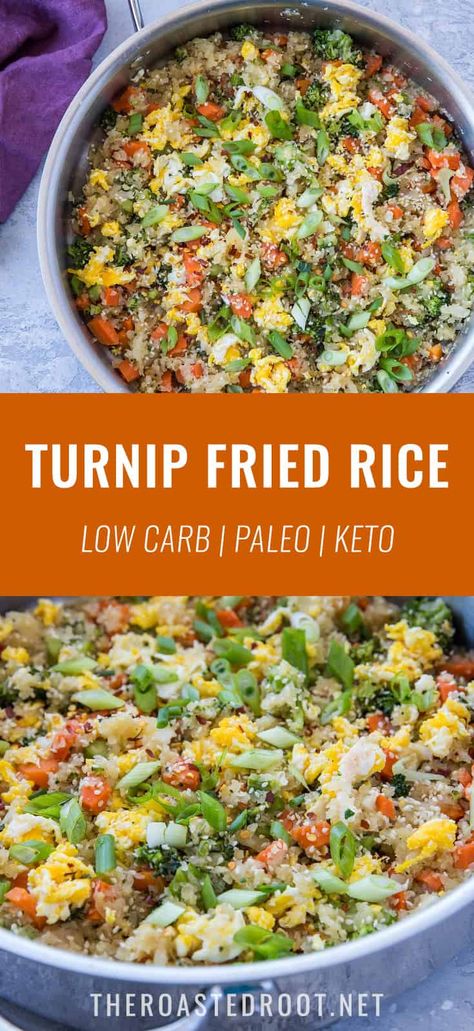 Turnip Fried Rice (Paleo, Keto) - The Roasted Root Paleo Rice, Turnip Fries, Quinoa Fried Rice, Turnip Recipes, Vegetable Quinoa, Coconut Aminos, Turnip Greens, Paleo Recipes Easy, Turnips