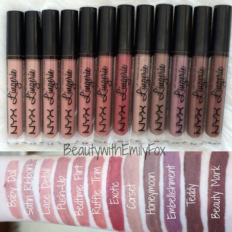 NYX Lip Lingerie Color Swatches Nyx Lip Lingerie Swatches, Liquid Lipstick Swatches, Nyx Lip Lingerie, Nyx Lingerie, Sikat Gigi, Nyx Lip, Nyx Makeup, Lip Swatches, Lipstick Swatches