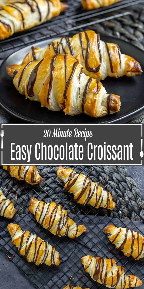 This easy chocolate croissant recipe is a simplified version using puff pastry. It's a great brunch recipe ready in less than 30 minutes! If you want to make homemade croissants filled with chocolate but you don't want to make your own dough this is an easy recipe for croissants with chocolate that makes a great breakfast recipe or brunch recipe that your friends and family will love! Chocolate Croissant Recipe Easy, Recipe For Croissants, Filled Croissant Recipe, Chocolate Croissant Recipe, Crossiant Recipes, Using Puff Pastry, Chocolate Croissants, Pastries Recipes Dessert, Homemade Croissants