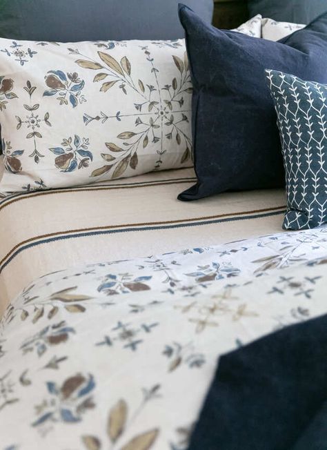 Why I created our Sparrow & Sage bedding Navy And Tan Bedding, Blue And Green Bedding Ideas, Dusty Blue Bedroom Ideas, Blue And Brown Bedroom Ideas, Tan And Blue Bedroom, Bedside Organization, High End Bedding, Sage Bedding, Cozy Guest Bedroom