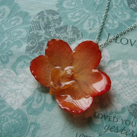 REAL Orchid Flower Pendant - Golden Amber Orange Orchid Necklace - Silver Chain Orchid Necklace, Orange Orchid, Flower Knows, Flower Resin Jewelry, Golden Amber, Indie Jewelry, The Orchid, Real Flower Jewelry, Fine Silver Jewelry