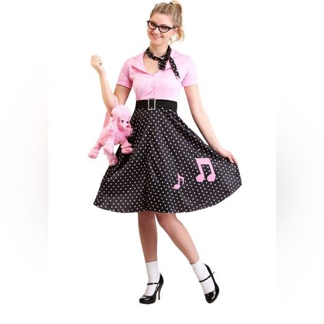 Nwt Halloween Costume Poodle Skirt Dress 1950s Baby Pink Black Vintage Medium Size Medium Nwt 1950s Costume Dress Pink Collared Dress Faux Button Front Belt Sash With Rhinestone Buckle Fit And Flare Polka Dot Skirt With Pink Musical Notes No Lining Chest: 18.5” Waist 14.5” Length 39” Ships Next Business Day Sock Hop Outfits, Sock Hop Costumes, 50s Sock Hop, Danny Zuko, Single Dress, 50s Fashion Dresses, Sock Hop, Fluffy Skirt, Soft Spoken