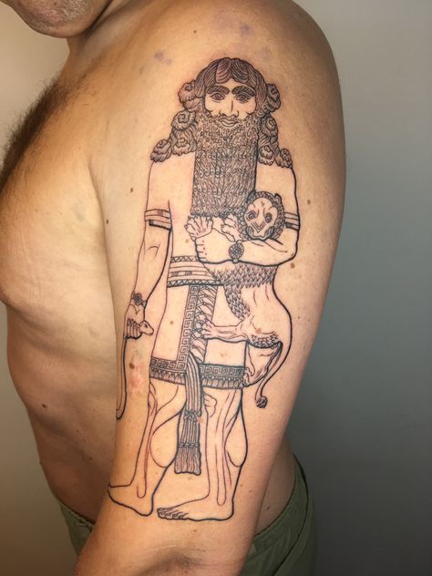 Sumerian / Mesopotamian / Babylonian / Assyrian epic hero king Gilgamesh / Bilgamesh / Izdubar Gilgamesh Tattoo, Sumerian Tattoo, Historic Tattoos, King Gilgamesh, Epic Hero, Tattoo Board, Geometric Tattoo, Tattoos, Quick Saves