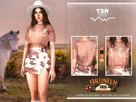 The Sims Resource - COWGIRL SET-401 (T-SHIRT) BD1089 Sims4 Clothing, Cowgirl Hair, Loose Straight Jeans, Clothes Cc, Sims 4 Tsr, Sims 4 Traits, Silk Bralette, Cc Sims4, Sims Clothes