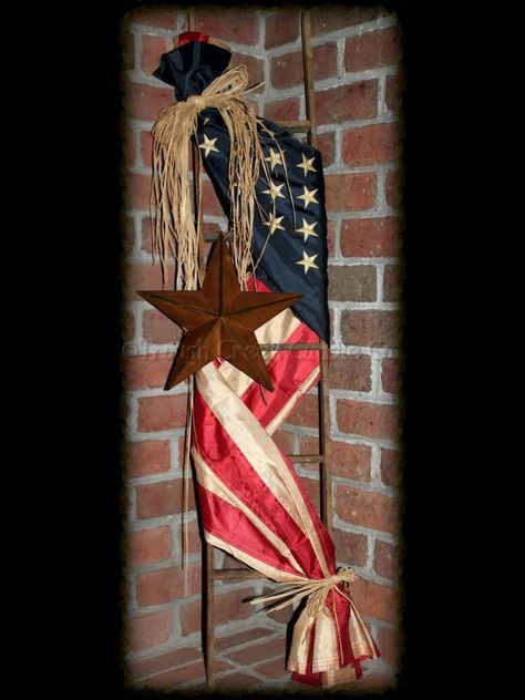 Americana Home Decor, Cloth Curtains, Americana Wreath, Primitive Homes, Patriotic Crafts, Americana Decor, A Ladder, Primitive Crafts, 4th Of July Decorations