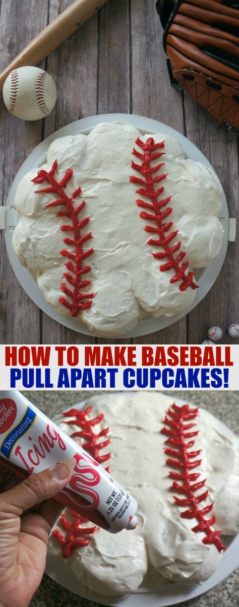 Baseball Cupcake Ideas- Make This Super Fun Pull Apart Cupcake Cake! This is such a fun idea for baseball birthday parties and team parties and events Baseball Cupcake Cakes, Baseball Cakes, Almond Joy Cupcakes, Baseball Cupcakes, Ice Cream Cone Cupcakes, Baseball Ideas, Pull Apart Cupcake Cake, Cake Pulls, Baseball Cake