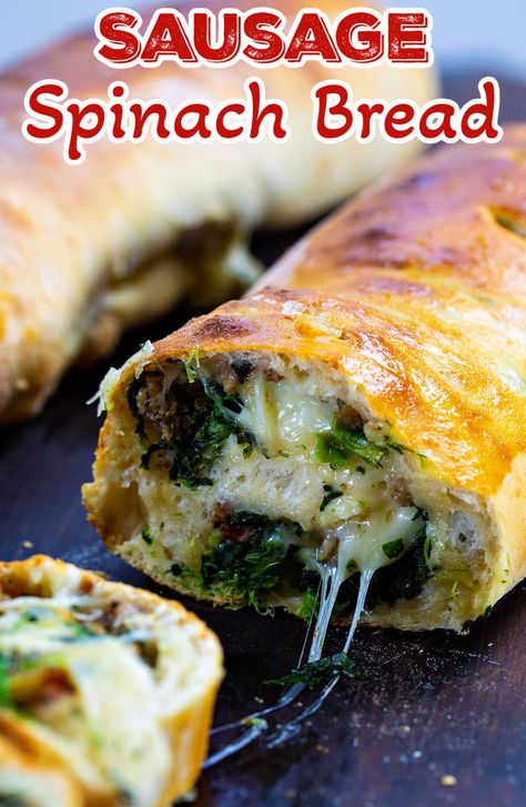 Broccoli And Sausage Stuffed Bread, Italian Sausage Bread Recipe, Spinach Rolls Recipe, Spinach Bread Recipe, Sausage Stuffed Bread, Sausage Bread Recipe, Flavored Breads, Rhodes Bread Dough, Stromboli Recipes