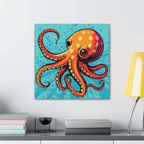 Octopus Pop Art Canvas Wall Art Uplift any room's decor with Octopus art that's printed on top-quality canvas gallery wraps. Each Pop Art Octopus canvas wrap is made with finely textured, artist-grade cotton substrate which helps reproduce your image in outstanding clarity and detail. Available in multiple sizes, these closed back canvases are built with a patented, solid support face and are excellent for indoor use. .: 100% cotton fabric (400gsm) .: Horizontal, vertical and square options avai Octopus Pop Art, Octopus Painting Easy, Octopus Art Painting, Paint Octopus, Canvas Art Bathroom, Painted Octopus, Painting Octopus, Color Art Lessons, Art Octopus