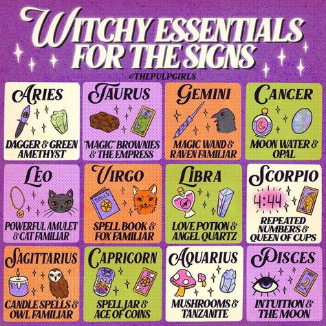 ✨🌸 The Pulp Girls 🌸✨ on Instagram: “✨ Witchy Essentials for the Signs ✨ It’s day two of Pulp Witch Week and haven’t you always wondered what witchy things best fit your zodiac…” Witchy Essentials, Virgo And Scorpio, Aries And Gemini, Witch Stuff, Green Magic, Pisces And Sagittarius, Wiccan Spell Book, Witchcraft Spell Books, Witch Magic