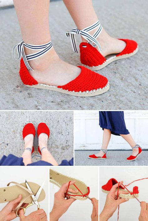 Learn how to make crochet espadrilles with flip flop soles in this free pattern and tutorial. Pair these fun crochet sandals with a dress! Crochet Espadrilles, Sandal Rajut, Crochet Braid Pattern, Homemade Shoes, Sandal Kulit, Crochet Flip Flops, Trendy Knitting, Dress Knitting, Crochet Shoes Pattern