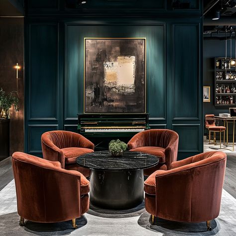 Moody Conversation Room, Moody Cocktail Room, Cocktail Room In House, Home Cocktail Lounge, Restoration Hardware Showroom, Cocktail Lounge Room Ideas, Conversation Room Ideas, Moody Cocktail, Cocktail Room