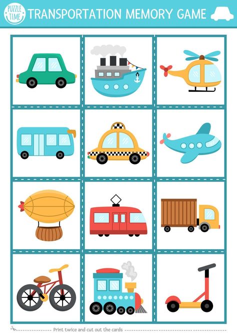 transportation memory game cards with cute traditional symbols. Water, air, land transport matching activity. Remember, find correct card. Simple printable worksheet for kids with cars Transportation Preschool Activities, Land Transport, April Activities, Alphabet Centers, Transportation Activities, Free Time Activities, Transportation Crafts, Transportation Preschool, Worksheet For Kids