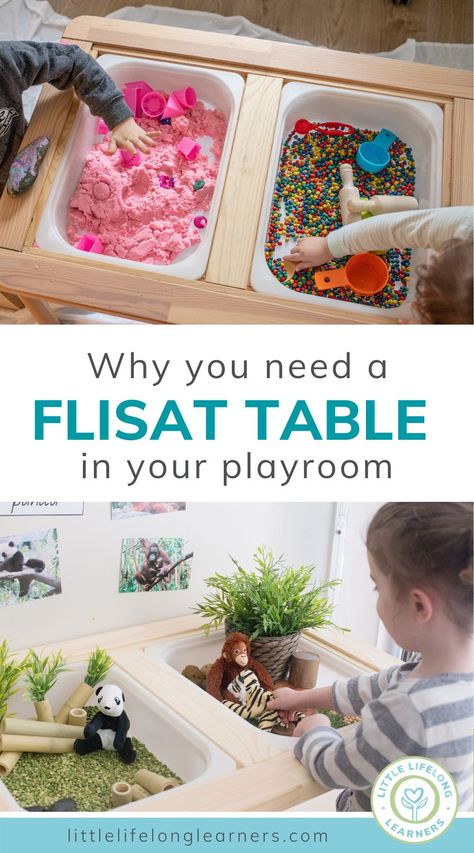 Ikea Messy Play Table, Ikea Table Playroom, Sensory Flisat Table, Trofast Table Activities, Build A Sensory Table, Diy Sensory Table Activities, Sensory Tables Diy, Ikea Sensory Bin Table Ideas, Ikea Kids Activity Table