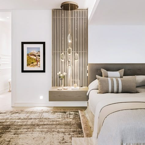 Kelly Hoppen's bedroom: Love the vertical slat floating nightstand next to the minimal headboard. Interesting focus. Love the balance of value and texture. The rug is fantastic.  #designerbedroom #nightstandlove Bedside Design, Wall Slats, Kelly Hoppen Interiors, Floating Nightstands, Bedroom Design Inspiration, Kelly Hoppen, Trendy Bedroom, Modern Bedroom Design, Top Interior Designers