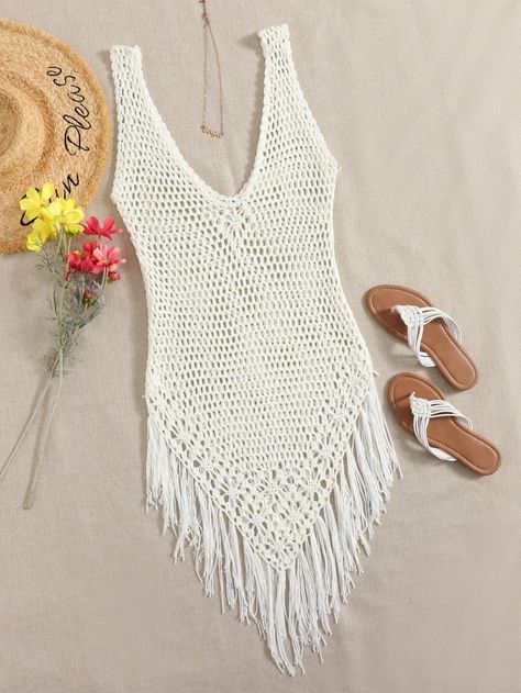 Fringe Hem Crochet Cover Up | SHEIN USA Crochet Dress Boho, Crochet Bathing Suits, Crochet Beach Dress, Crochet Swim, Crochet Cover, Crochet Cover Up, Crochet Tank Top, Crochet Tank, Women's Cover Up