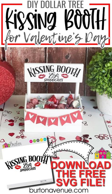 Kissing Booth Candy Holder, Dollar Tree Kissing Booth Craft, Valentines Kissing Booth Diy, Dollar Tree Kissing Booth, Valentines Booth, Valentines Kissing Booth, Vday Decorations, Diy Kissing Booth, Kissing Booth Sign