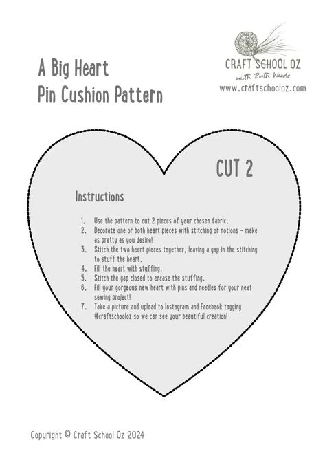 Big Heart Pattern with instructions.pdf Heart Sewing Pattern, Heart Templates Free Printables, Stuffed Hearts, Heart Sewing, Pin Cushions Patterns, New Heart, Heart Crafts, Pins And Needles, Two Hearts