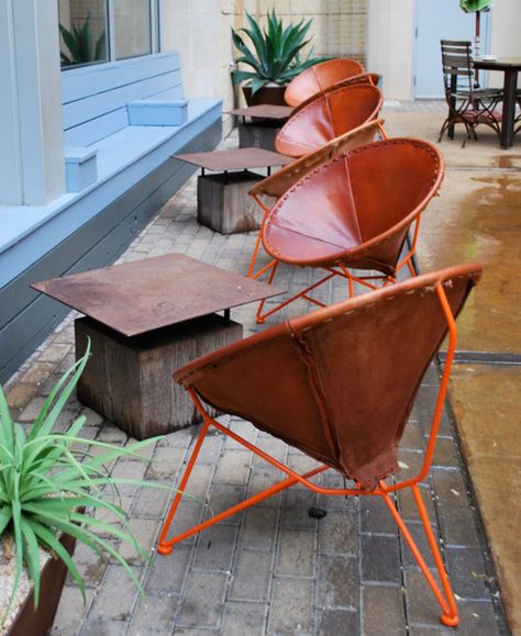 leather and orange chairs Saddle Leather Chair, Acapulco Chair, Take A Seat, Leather Furniture, Recycled Furniture, Cool Chairs, Furniture Inspiration, Eames Chair, Leather Chair