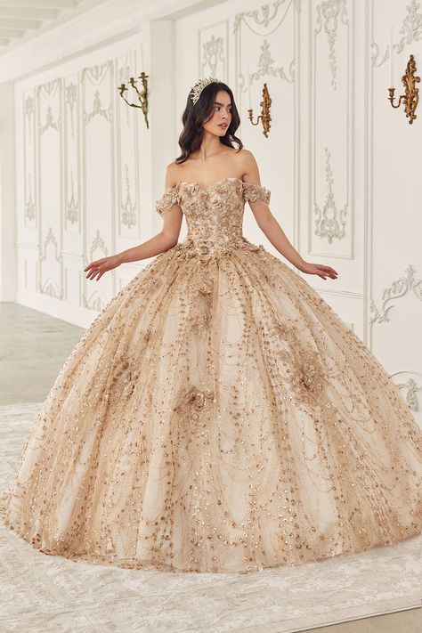 Elegant Quinceanera Dresses, Ball Gown Elegant, Champagne Quinceanera Dresses, Floral Ball Gown, Off Shoulder Ball Gown, Dress Quinceanera, Debutante Ball, Cinderella Divine, Layered Tulle Skirt