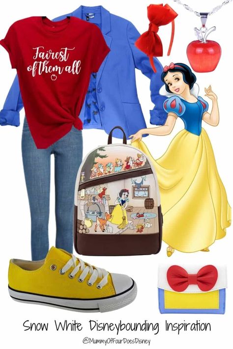 Snow White Disneybound Outfit Inspiration - Mummy Of Four Snow White Inspired Outfits Women, Disney Bounding Casual, Disneybound Snow White, Snow White Bounding, Snow White Aesthetic Outfit, Disney Bound Outfits Winter, Snow White Outfit Ideas, Family Disneybound, Snow White Inspired Outfit