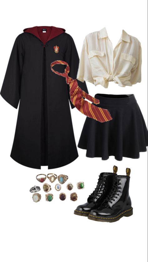 Harry Potter Griffoendor Outfits, Shifting Outfits Ideas Harry Potter, Gryffindor Uniform Female Aesthetic, Auradon Prep Outfit, Grifindor Aestethic Outfits, Hogwarts Inspired Outfits Gryffindor, Hogwarts Party Outfit, Grifindor Outfit, Harry Potter Inspired Outfits Gryffindor