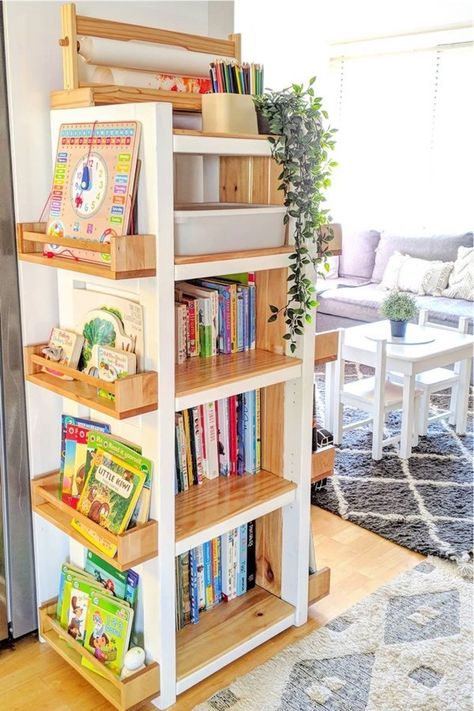 Ikea Bookshelf Classroom, Kids Playroom Book Storage, Upcycle Cube Storage Playroom, How To Build Montessori Bookshelf, Childs Bookshelf Ideas, Diy Forward Facing Bookshelf, Playroom House Ideas, Book Storage Playroom, Diy Revolving Bookcase