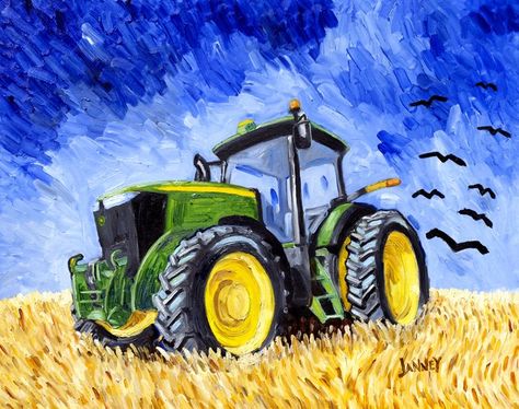 Wheatfield with Crows and a Deere - Rich Janney Artwork Tractor Painting Easy, Tractor Artwork, John Deere Art, Wheatfield With Crows, Old John Deere Tractors, Tractor Art, Train Table, Farm Paintings, The Moon And Stars