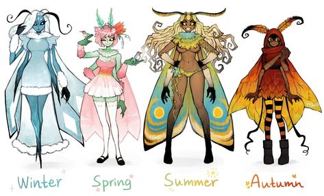 Seasonal moths by Fiship; uploaded for personal reference, the art is not mine Moth As Human, Seasons Character Design, Moth Girl Art, Moth Humanoid, Bug Character Design, Character Adopts, Moth Oc, Moth Girl, Character Design Cartoon